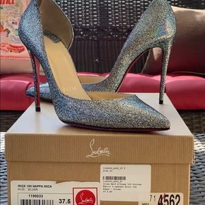 Christian Louboutin AUTH NEW Iriza 100 Nappa Mica Silver Glitter heels 37.5